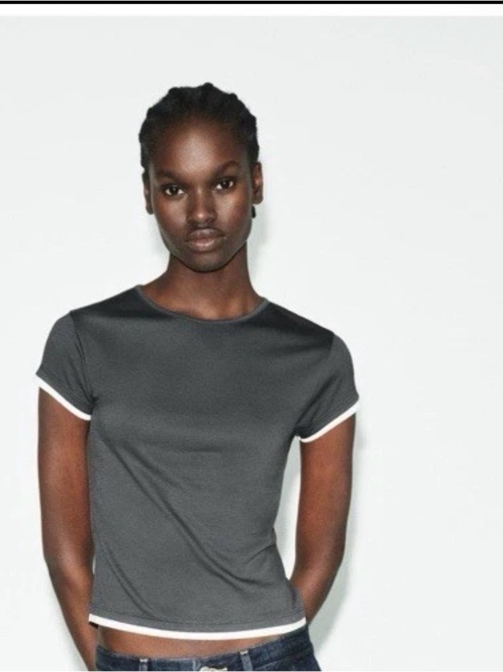 Zara Charcoal Gray Crop Ringer Tee with White Trim